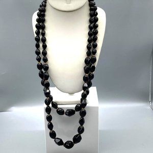 Long Chic Black Beaded Strand Necklace with Gold Tone Filigree Caps, Double Stra